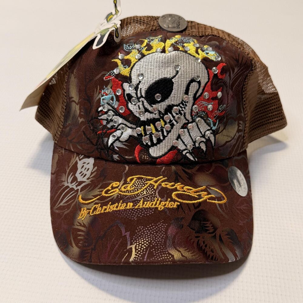 Ed Hardy Hat Cap Snap Back Mens One Size Brown Skull Tattoo Mesh Trucker
